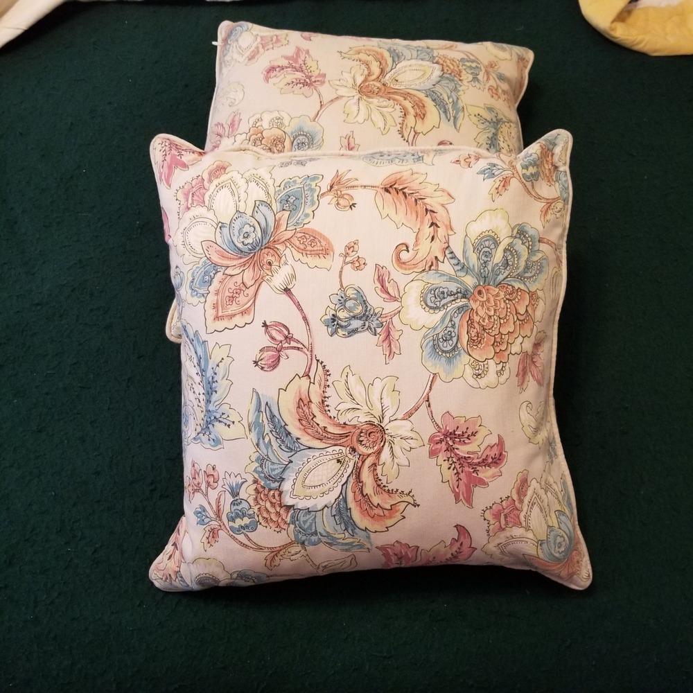 Set of 2 Vintage Floral Throw Pillows Peach Blue Botanical Jacquard Accent 16x16